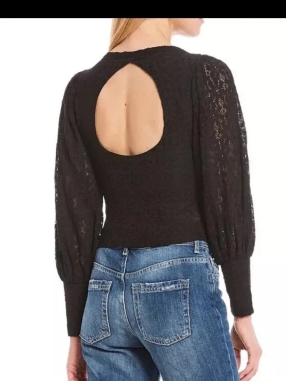 Free People Tea Time Top‎ Black Lace Puff Sleeve Open Back Cropped Blouse Size M